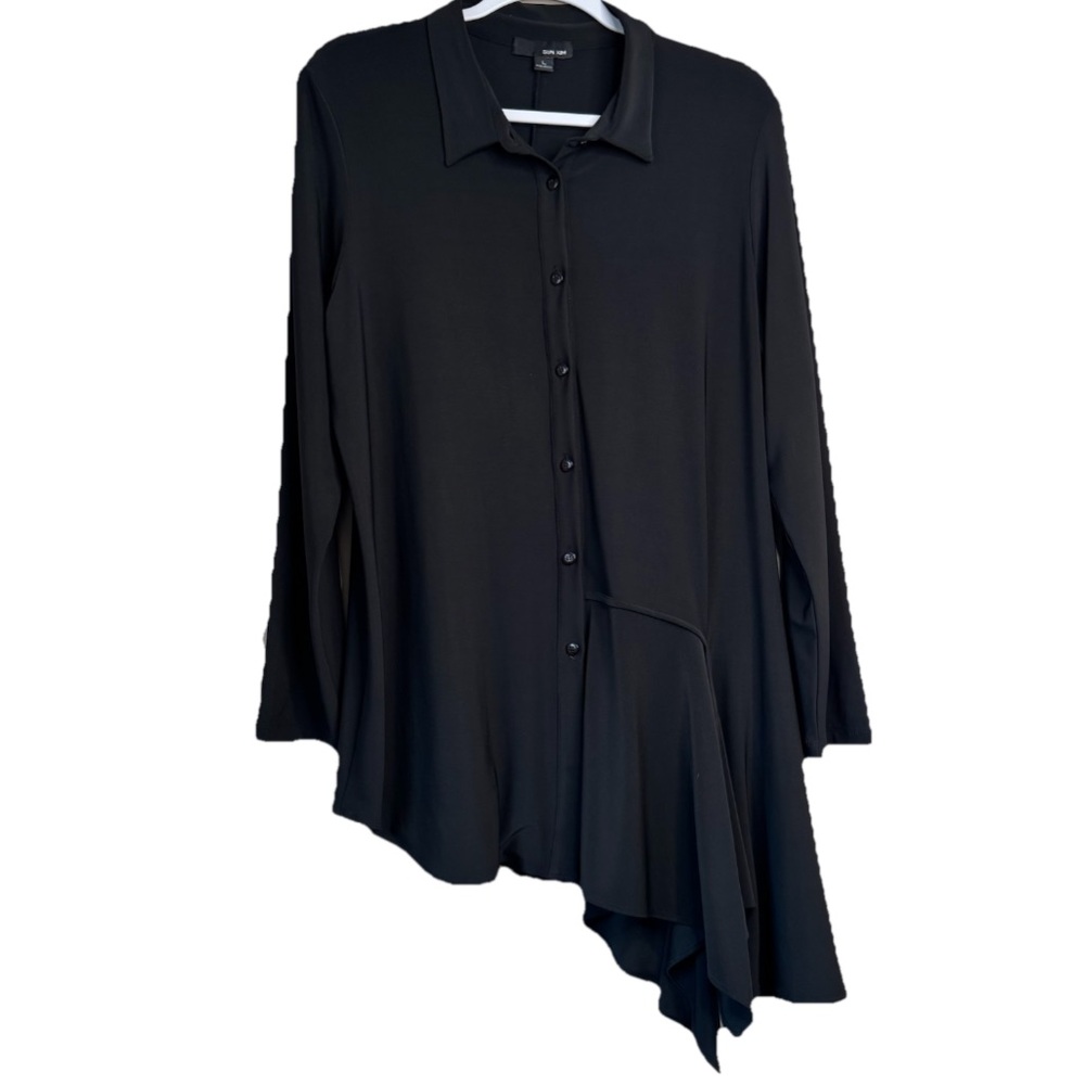 Sun Kim Asymmetric Jersey Shirt Tunic Size L Black Button Front Lagenlook E14